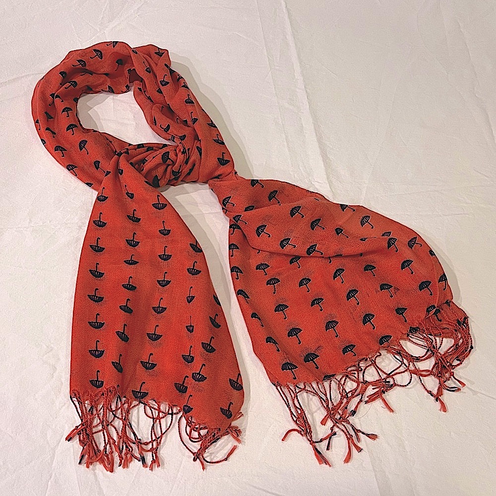 Beautiful Old Navy Coral Shawl Scarf with Mini Navy Blue Umbrellas